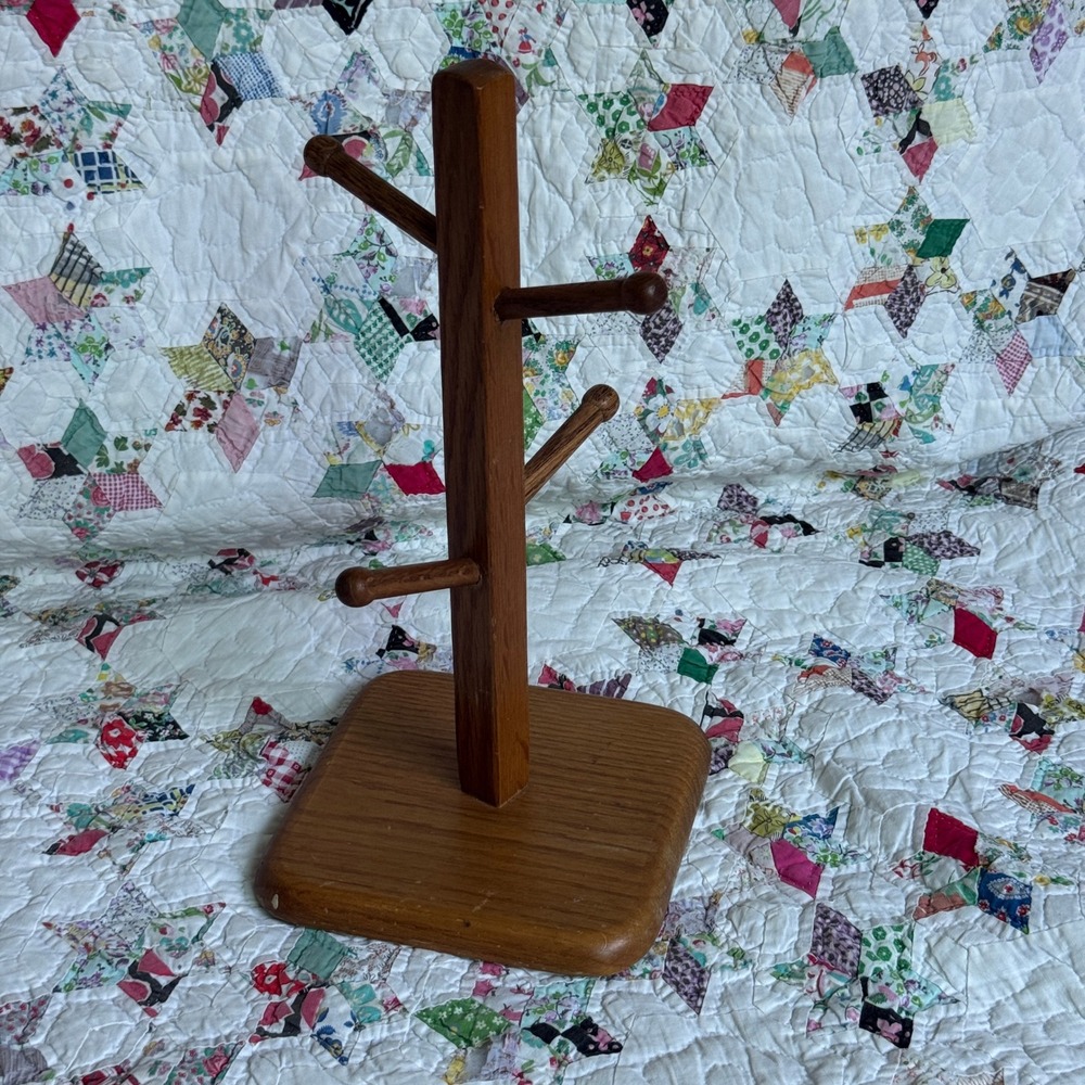 Vintage Good Wood Mug Tree Holder 4 Hook Coffee Cup Stand Mid Century Modern